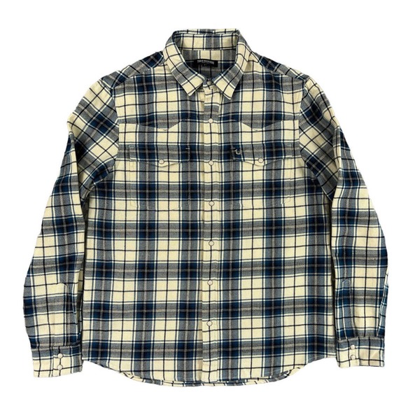 True Religion Men Tan Blue Plaid Long Sleeve Button Snap‎ Shirt Size Medium - Picture 1 of 6